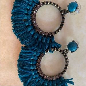 Blue Tassel Drop Earrings with Macrame Hoop